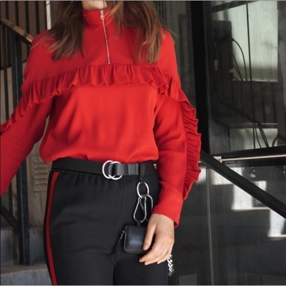 & Other Stories Red Ruffle Mock Neck Zip Top